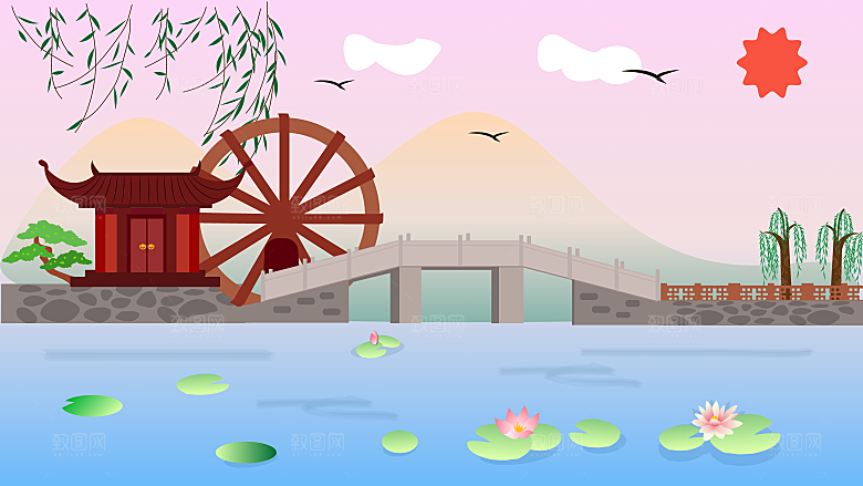 古风山水建筑凉亭荷花插画海报
