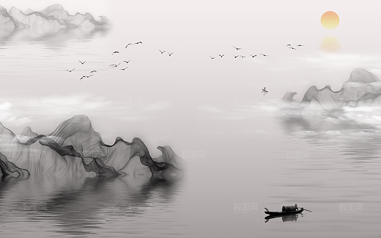 中国风中式古风山水墨电视装饰插画海报背景