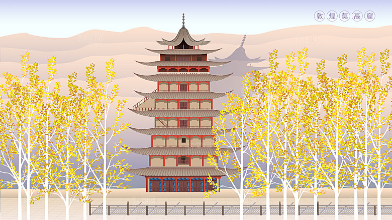 古风山水建筑凉亭荷花插画海报