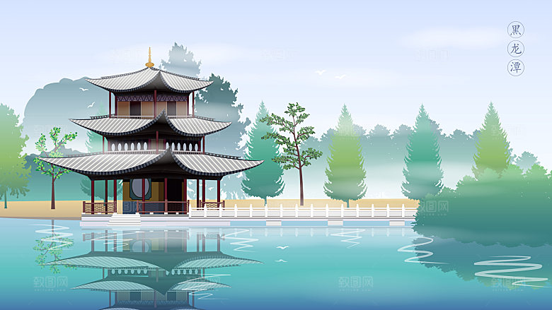 古风山水建筑凉亭荷花插画海报