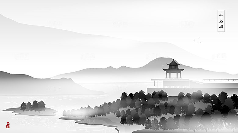 古风山水建筑凉亭荷花插画海报