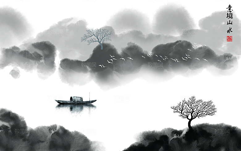 中国风中式古风山水墨电视装饰插画海报背景