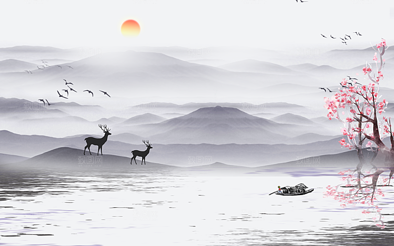中国风中式古风山水墨电视装饰插画海报背景