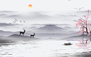中国风中式古风山水墨电视装饰插画海报背景