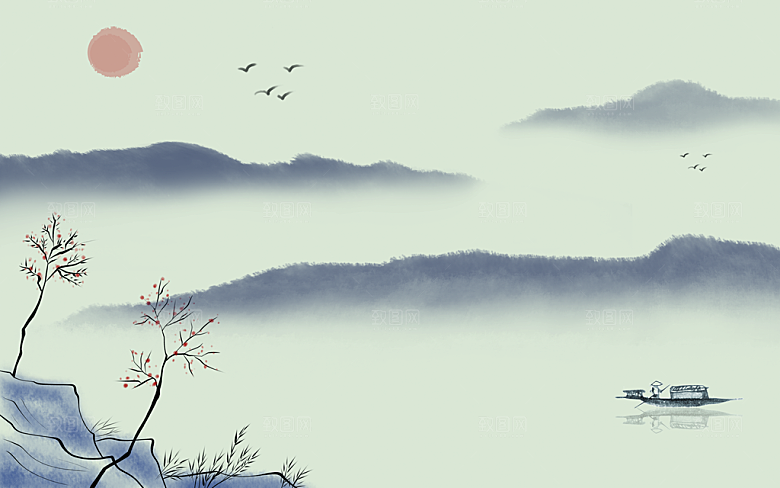 中国风中式古风山水墨电视装饰插画海报背景