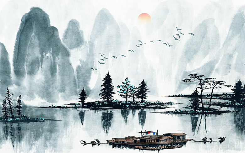 中国风中式古风山水墨电视装饰插画海报背景