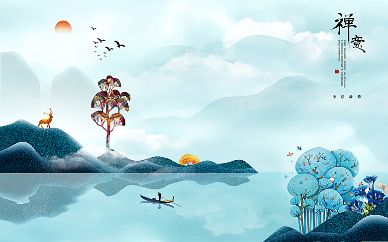 中国风中式古风山水墨电视装饰插画海报背景