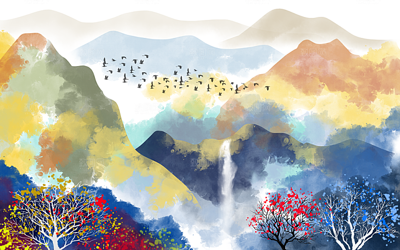中国风中式古风山水墨电视装饰插画海报背景