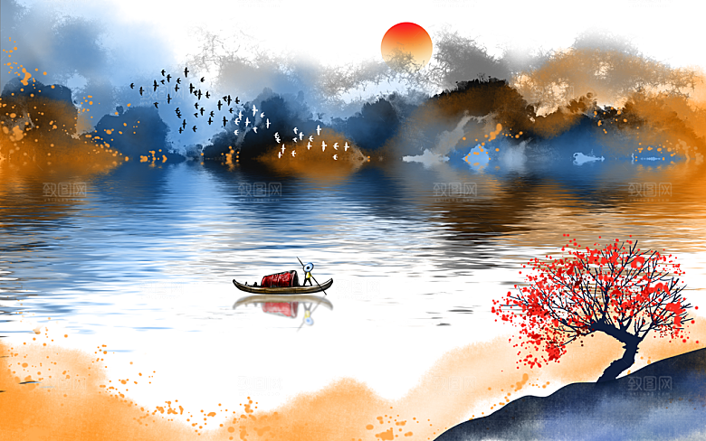 中国风中式古风山水墨电视装饰插画海报背景
