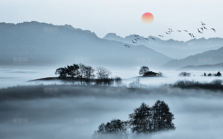 中国风中式古风山水墨电视装饰插画海报背景
