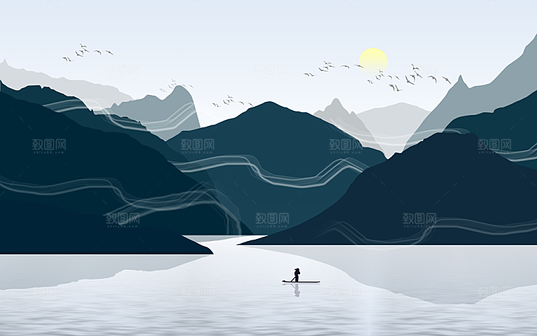 中国风中式古风山水墨电视装饰插画海报背景