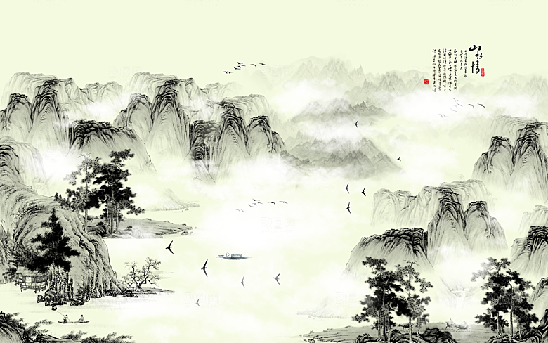 中国风中式古风山水墨电视装饰插画海报背景