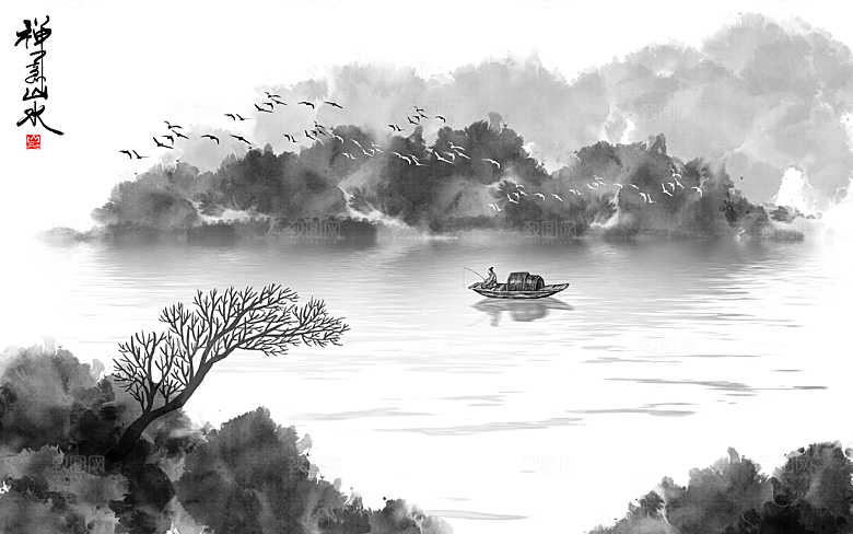 中国风中式古风山水墨电视装饰插画海报背景
