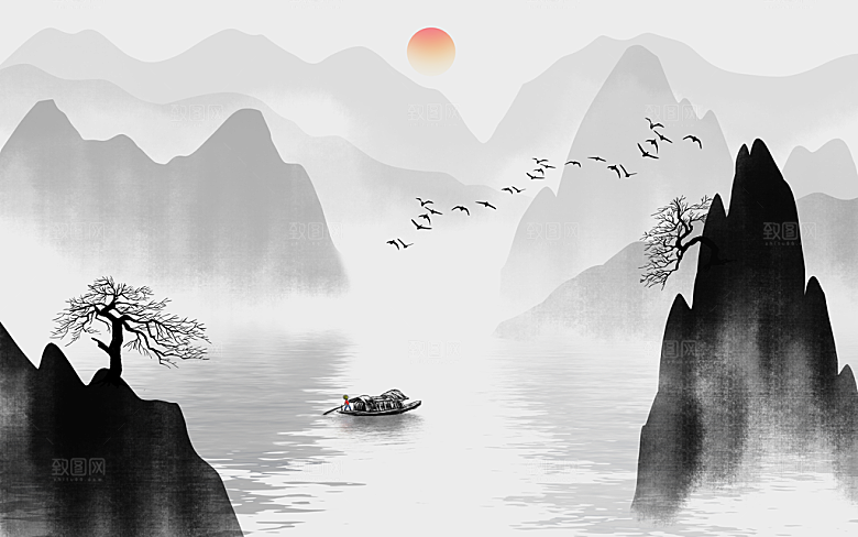 中国风中式古风山水墨电视装饰插画海报背景