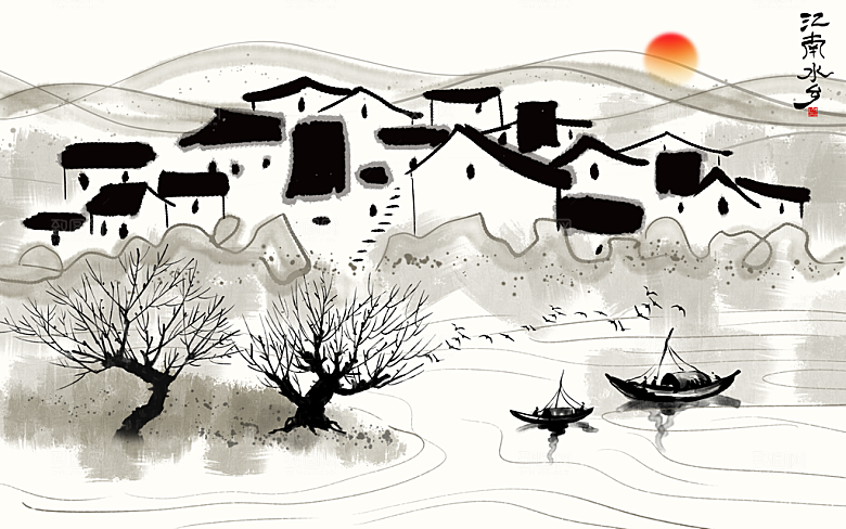 中国风中式古风山水墨电视装饰插画海报背景
