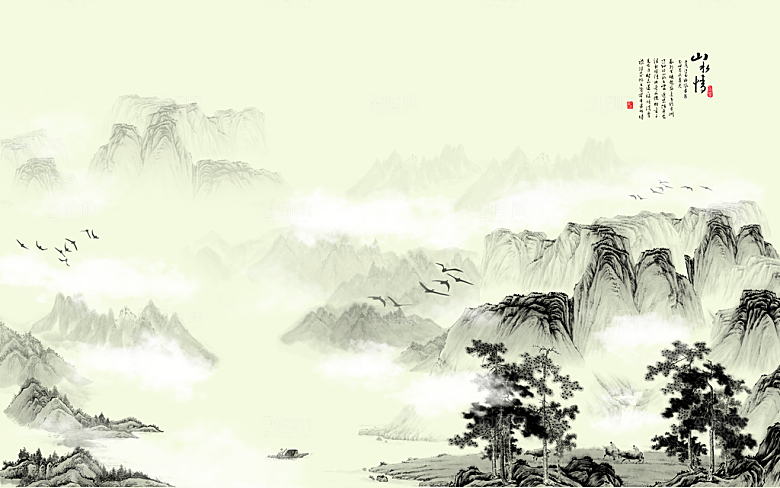 中国风中式古风山水墨电视装饰插画海报背景