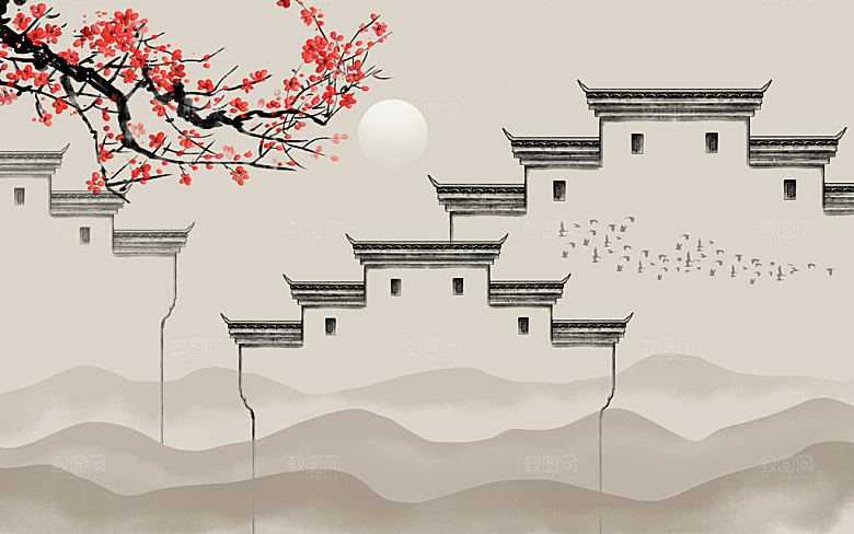 中国风中式古风山水墨电视装饰插画海报背景