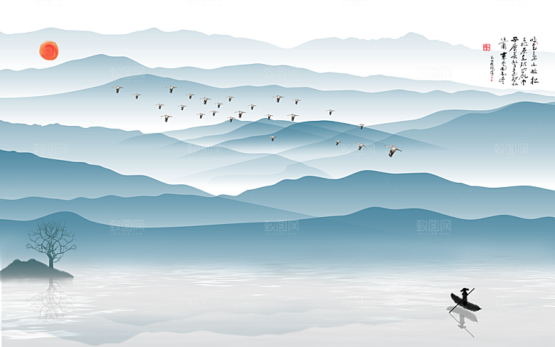 中国风中式古风山水墨电视装饰插画海报背景