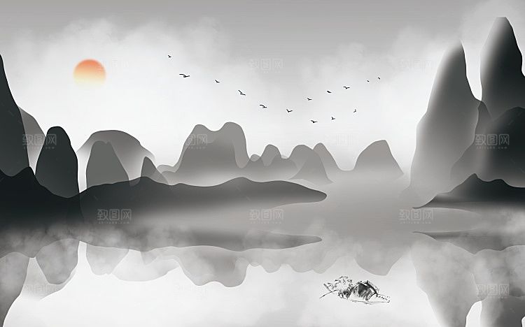 中国风中式古风山水墨电视装饰插画海报背景