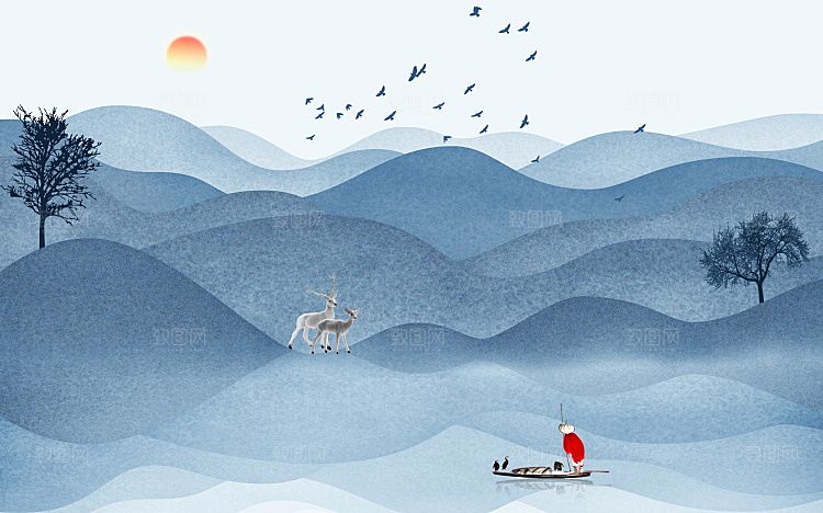 中国风中式古风山水墨电视装饰插画海报背景