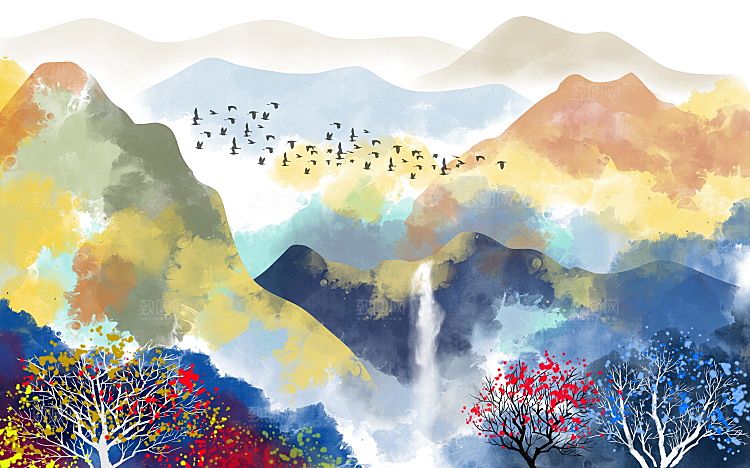 中国风中式古风山水墨电视装饰插画海报背景