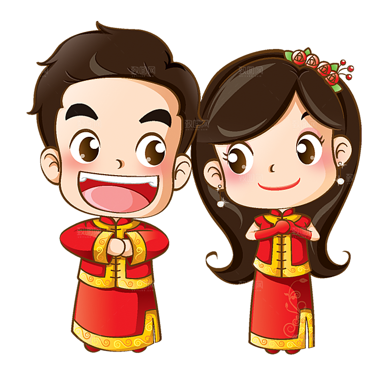 卡通中式婚礼新人中式古典中国风人物婚庆