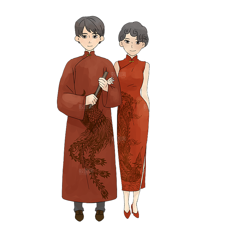 卡通中式婚礼新人中式古典中国风人物婚庆
