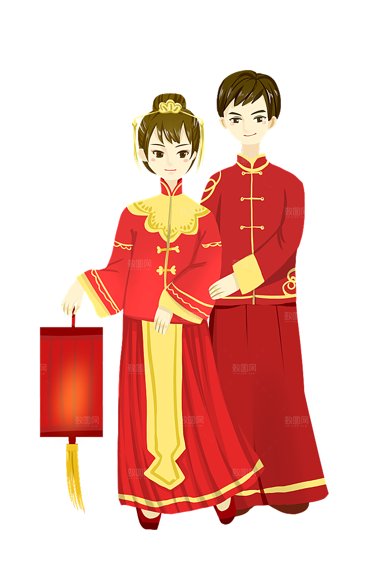 卡通中式婚礼新人中式古典中国风人物婚庆