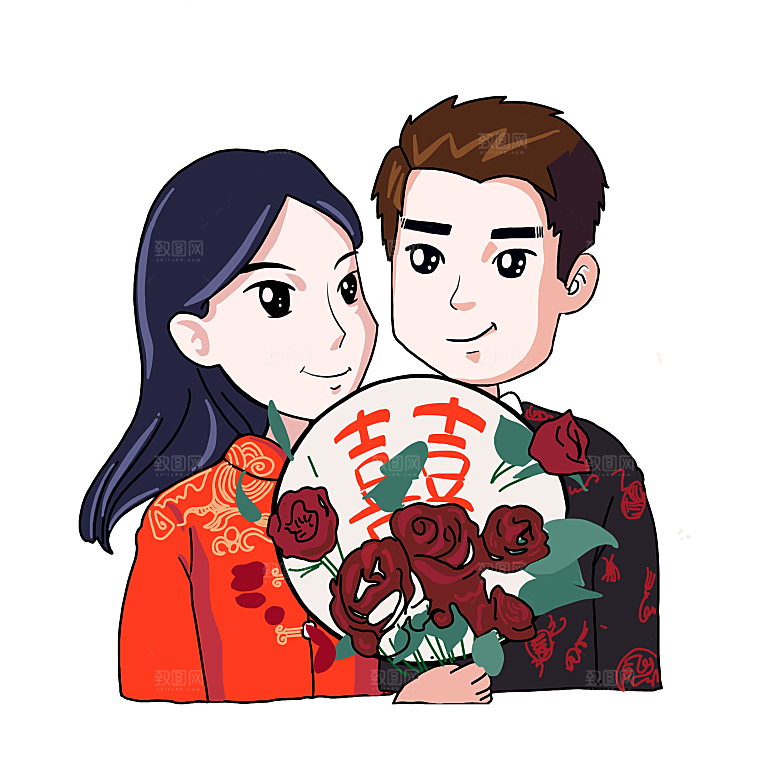 卡通中式婚礼新人中式古典中国风人物婚庆