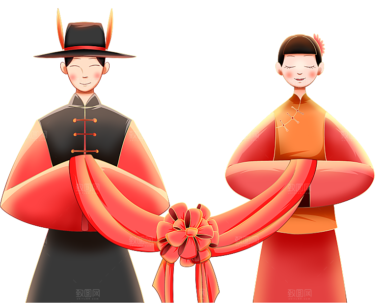 卡通中式婚礼新人中式古典中国风人物婚庆