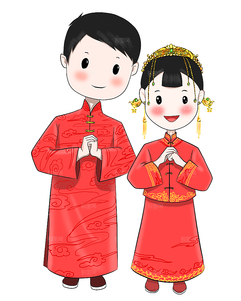 卡通中式婚礼新人中式古典中国风人物婚庆