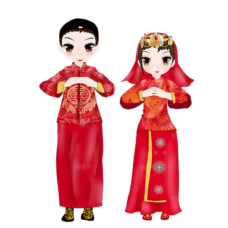卡通中式婚礼新人中式古典中国风人物婚庆