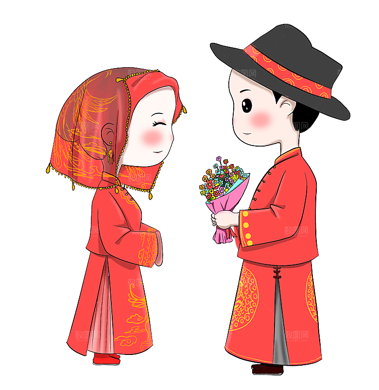 卡通中式婚礼新人中式古典中国风人物婚庆