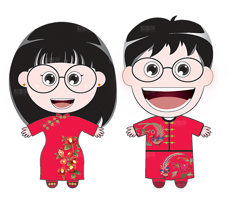 卡通中式婚礼新人中式古典中国风人物婚庆