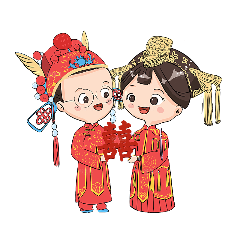 卡通中式婚礼新人中式古典中国风人物婚庆