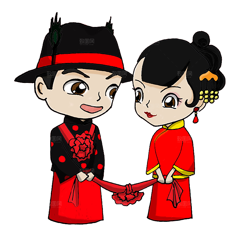 卡通中式婚礼新人中式古典中国风人物婚庆