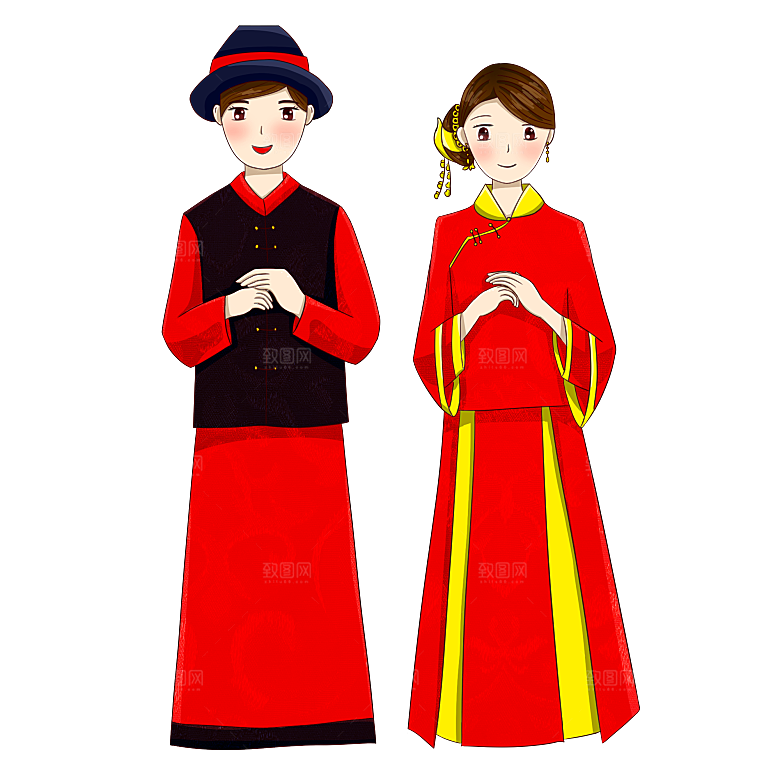 卡通中式婚礼新人中式古典中国风人物婚庆