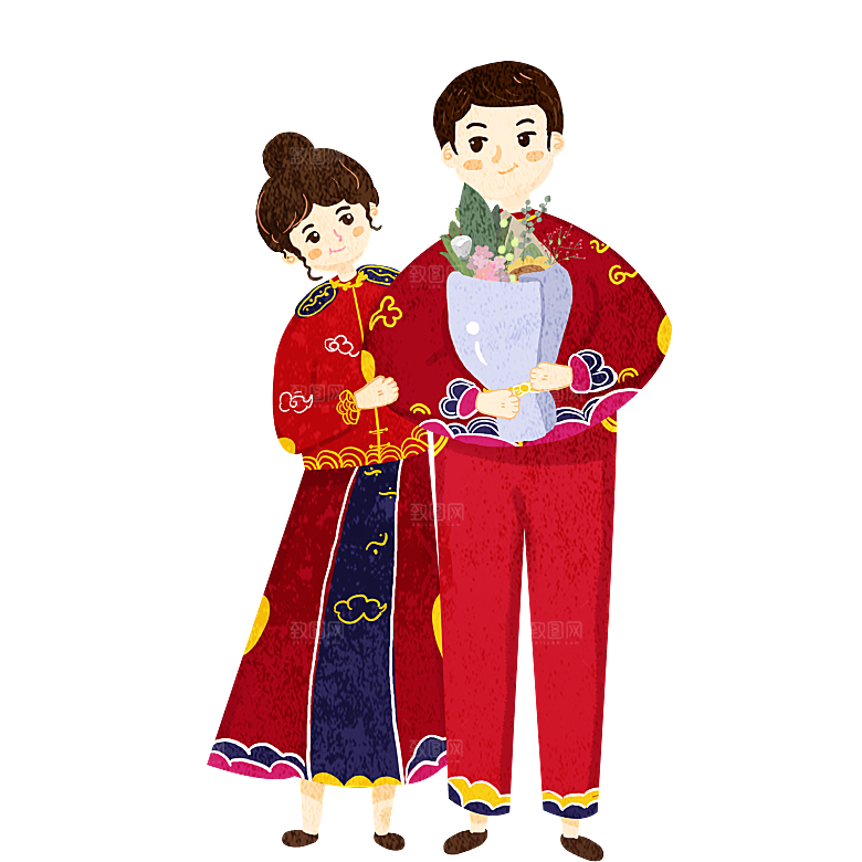 卡通中式婚礼新人中式古典中国风人物婚庆
