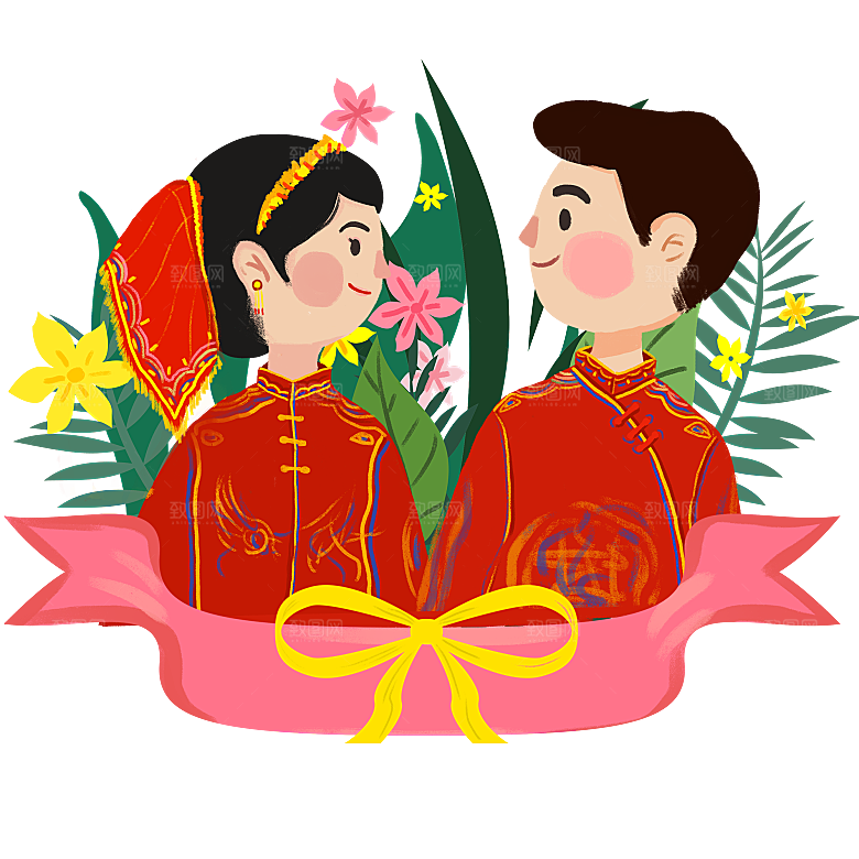 卡通中式婚礼新人中式古典中国风人物婚庆