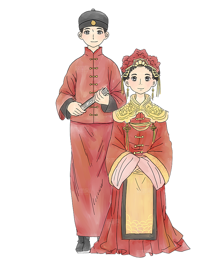 卡通中式婚礼新人中式古典中国风人物婚庆