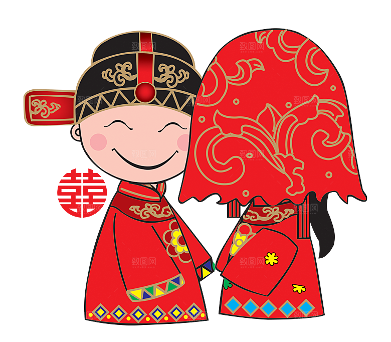 卡通中式婚礼新人中式古典中国风人物婚庆