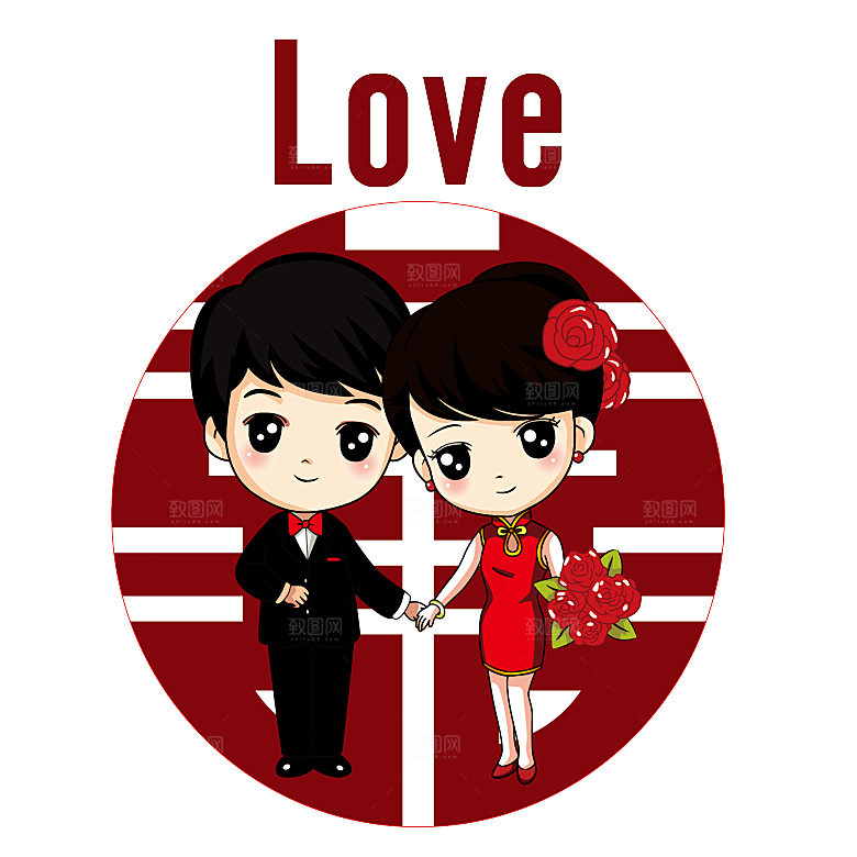 卡通中式婚礼新人中式古典中国风人物婚庆