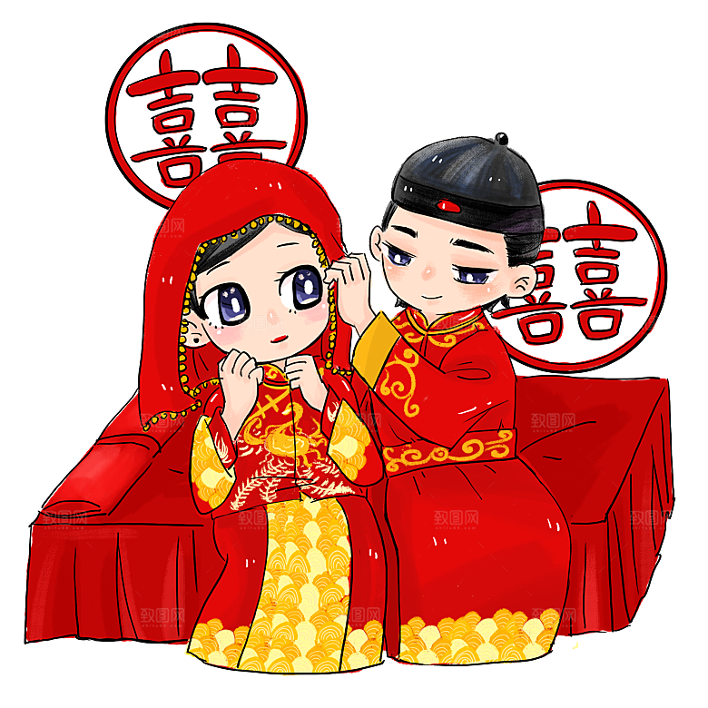 卡通中式婚礼新人中式古典中国风人物婚庆