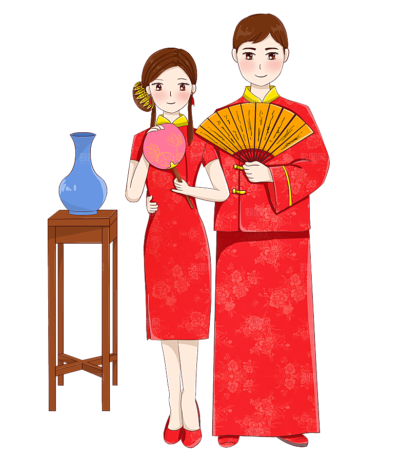 卡通中式婚礼新人中式古典中国风人物婚庆