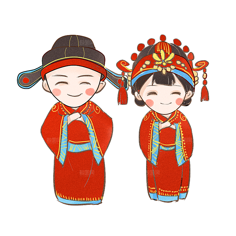 卡通中式婚礼新人中式古典中国风人物婚庆