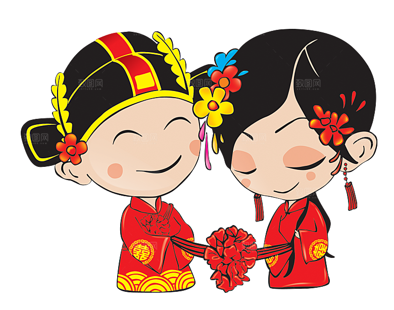 卡通中式婚礼新人中式古典中国风人物婚庆