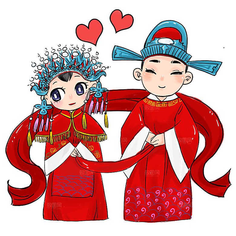 卡通中式婚礼新人中式古典中国风人物婚庆