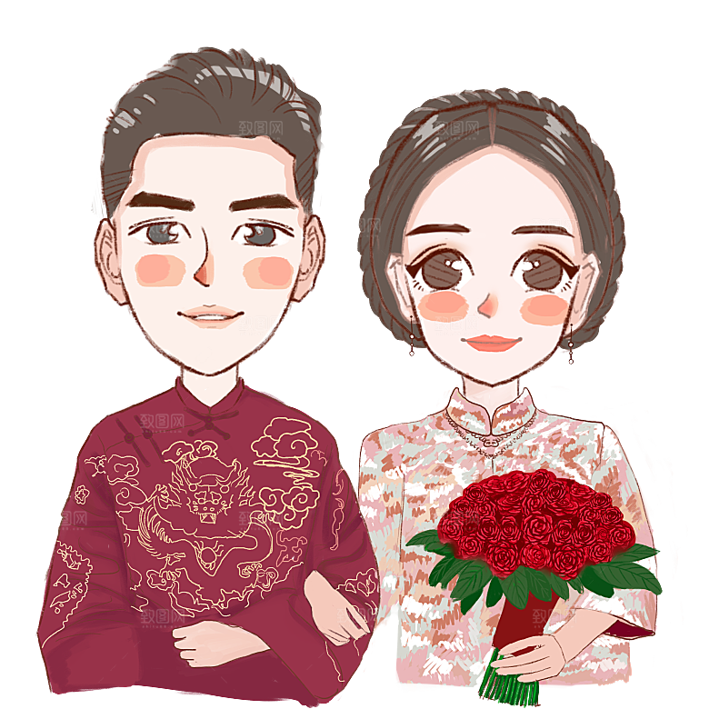 卡通中式婚礼新人中式古典中国风人物婚庆