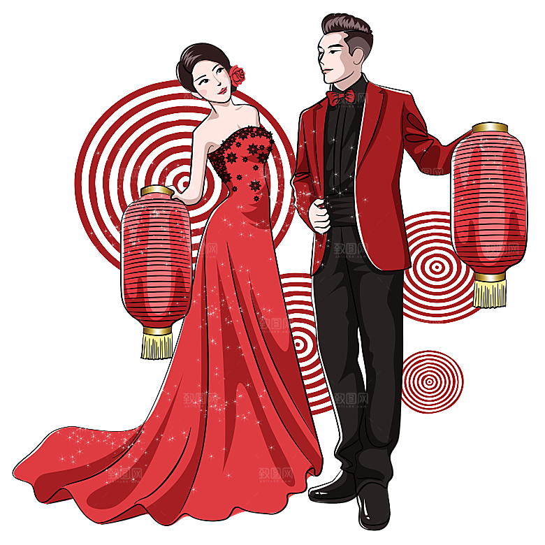 卡通中式婚礼新人中式古典中国风人物婚庆