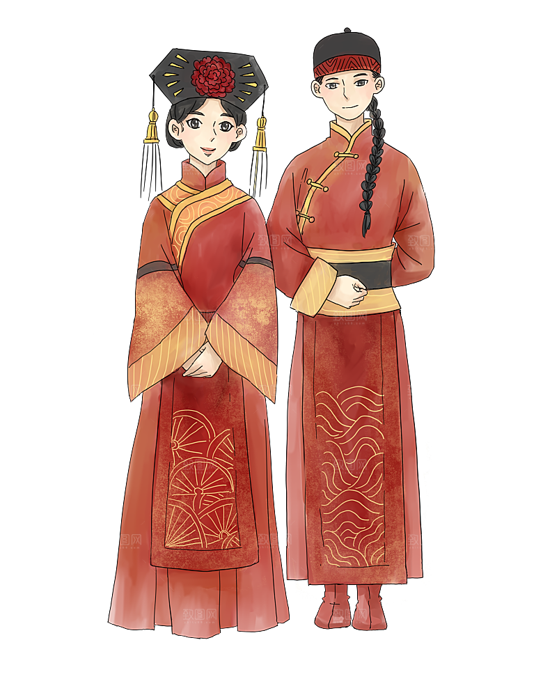 卡通中式婚礼新人中式古典中国风人物婚庆